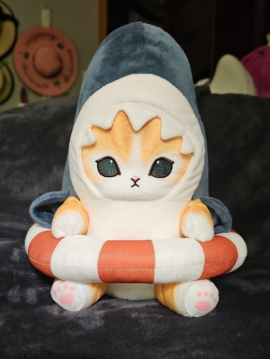 Mofusandcats Other - Cream & Orange Cat Plush in Blue Shark Hoodie with Orange Life Ring - Plush Toy